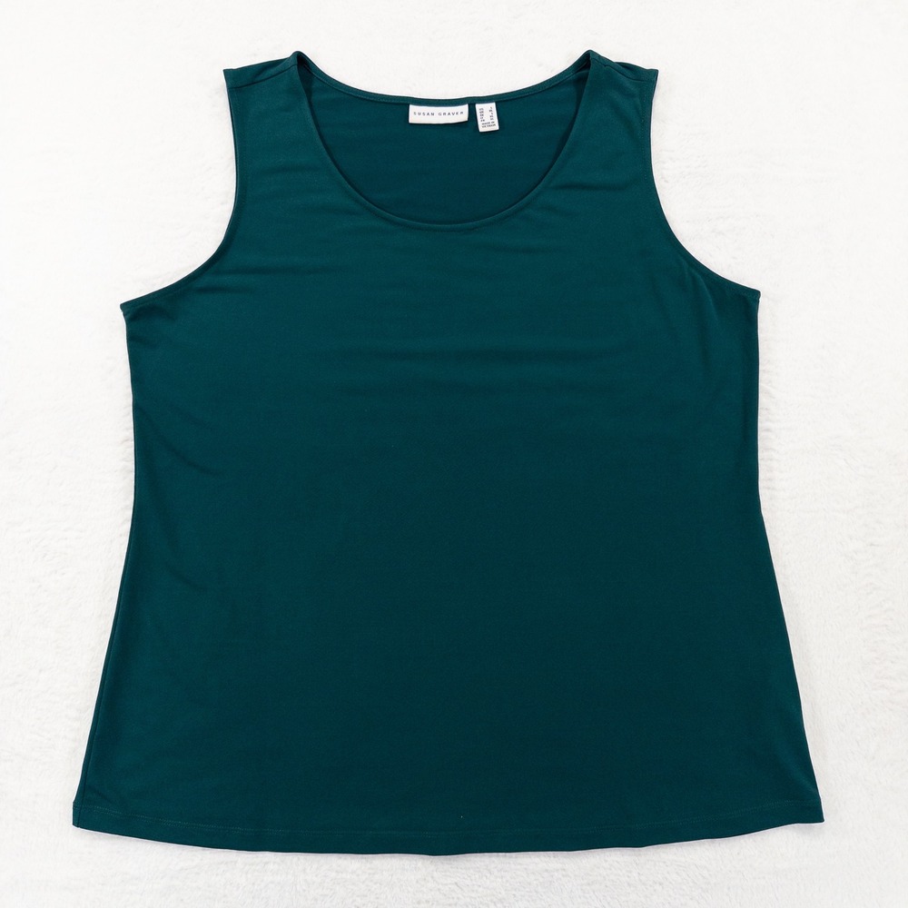 Susan Graver Women Tank Top L Green Teal Liquid Knit Scoop Neck Sleeveless Shell